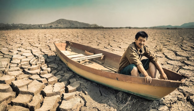 man op een boot verloren in de droge zandwoestijn zonder water