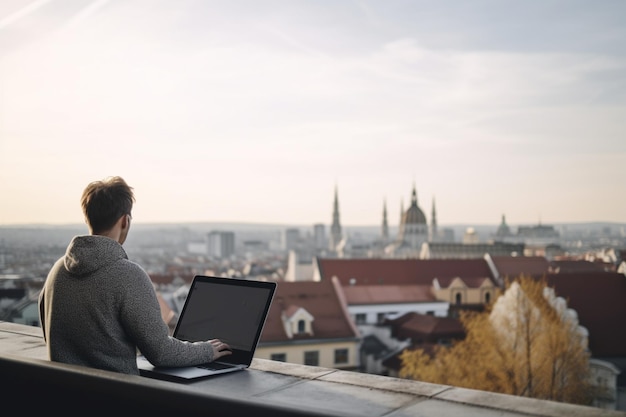 man op een dak met behulp van een laptop om de prestaties van de aandelenmarkt te volgen en investeringen te doen