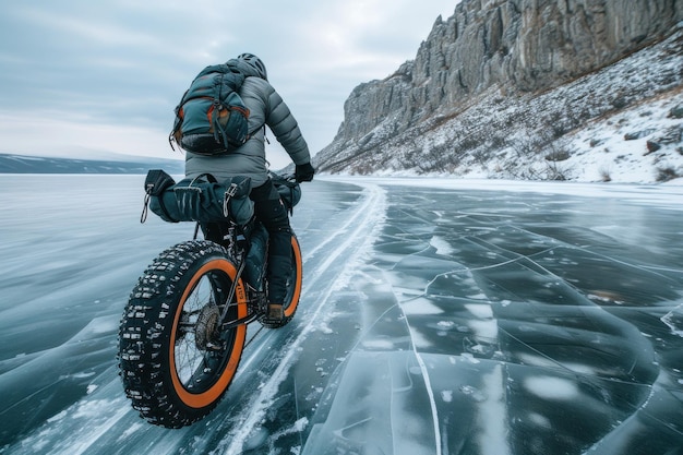 Man op een motorfiets op een bevroren meer