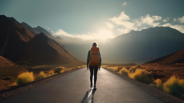 man op weg bergachtergrond