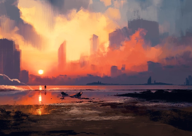 man op zee strand kijken naar wolkenkrabbers bij zonsondergang, illustratie schilderij