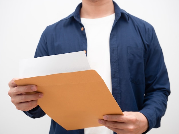 Photo man open envelope document and reading paper crop shot