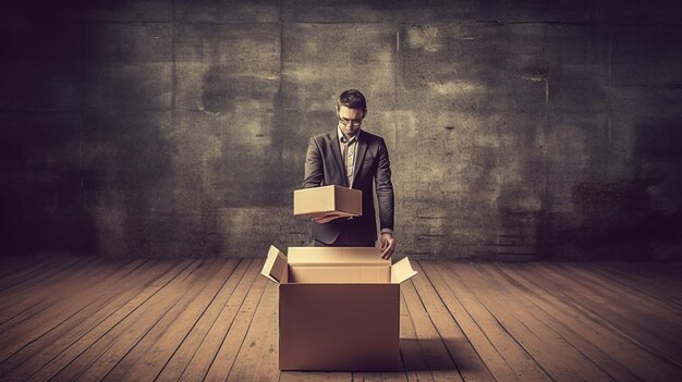 Man opening a box in an empty room