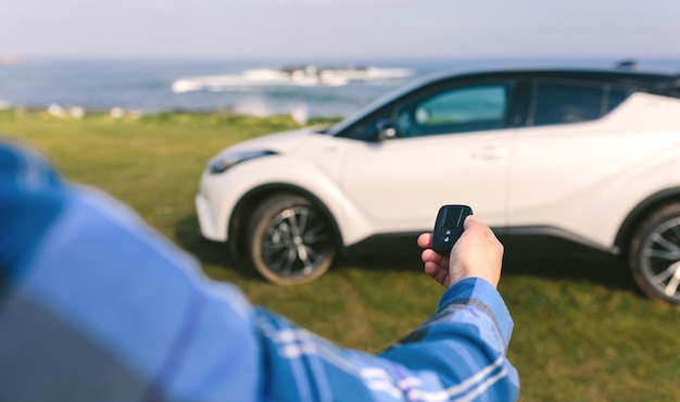 Photo man opening the car door with remote control