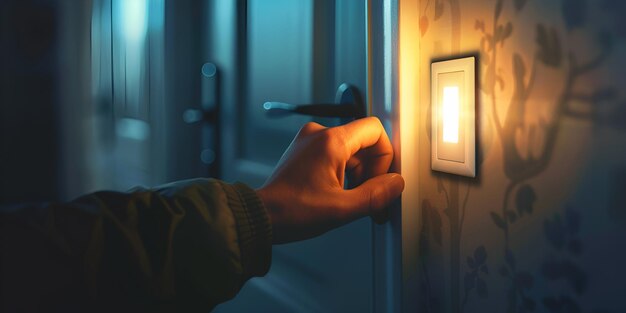 Photo a man opening a door with a light on it