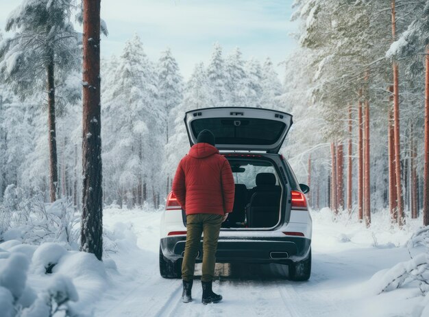 Foto uomo che apre le porte di un'auto nei paesaggi invernali