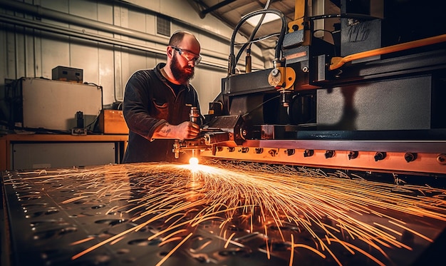 Man operating a laser cutting machine industrial Generative Ai