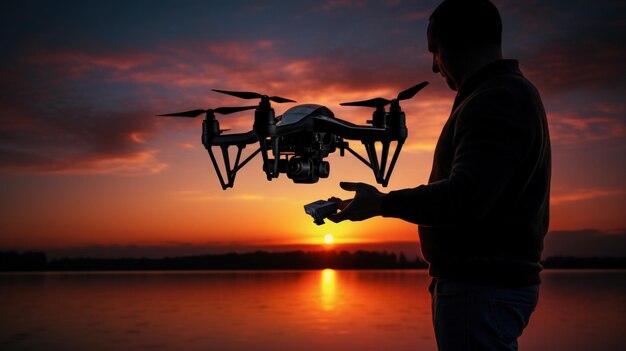 Man operating a modern drone with remote control at sunset view background Generate AI image