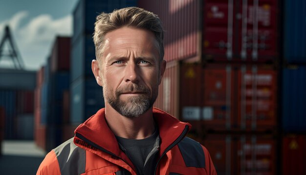 Photo a man in an orange and black jacket standing in front of cargo containers