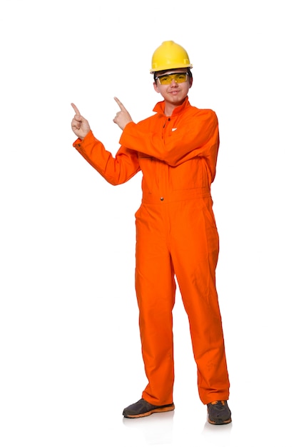 Man in orange coveralls isolated on white