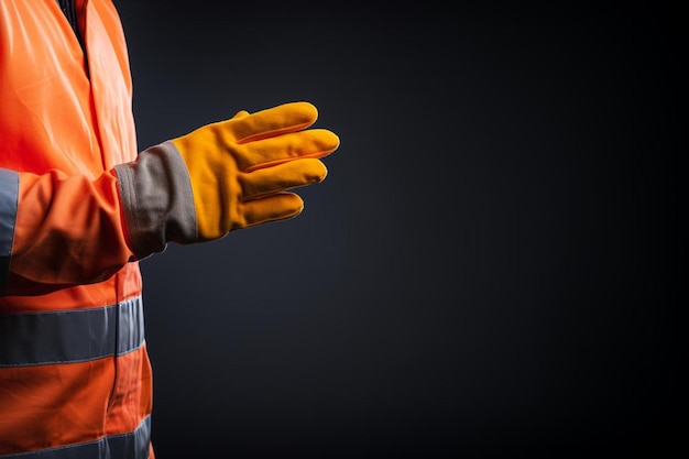 a man in orange gloves is wearing a orange and black outfit