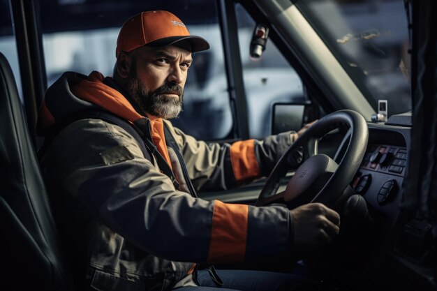 Photo a man in an orange and grey jacket is driving a truck this image can be used to illustrate transportation delivery services or a professional driver at work