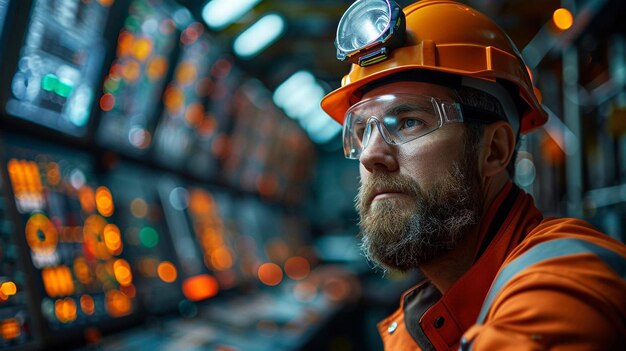 Photo a man in an orange hard hat is standing in a tunnel