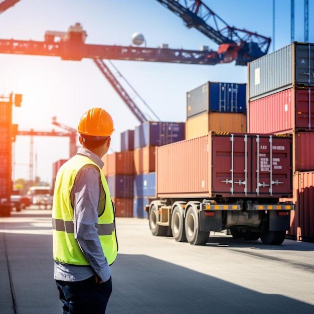 Photo a man in an orange hat stands in front of a truck with shipping containers on it