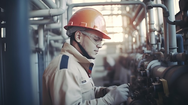 A man in an orange helmet works on a machine.