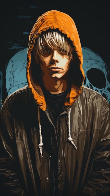 a man in an orange hoodie standing in front of skulls