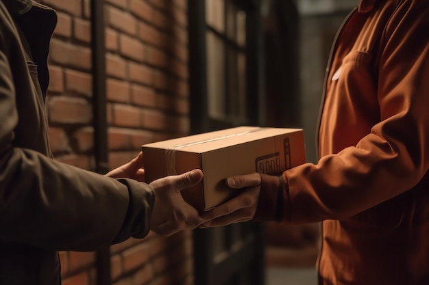 Мужчина в оранжевой куртке передает коробку другому мужчине.