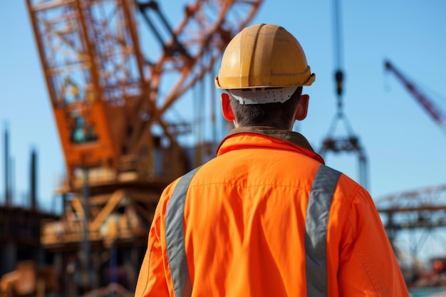 Man in Orange Jacket and Hard Hat Works on Construction Site