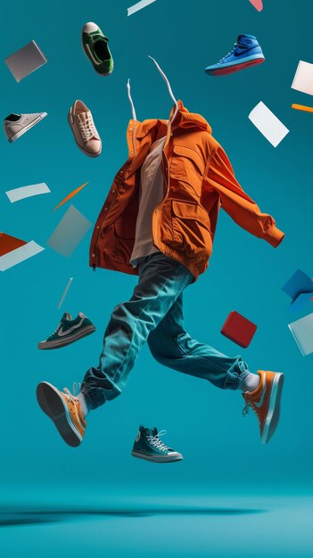 Photo a man in an orange jacket is jumping in the air with a paper in his hand
