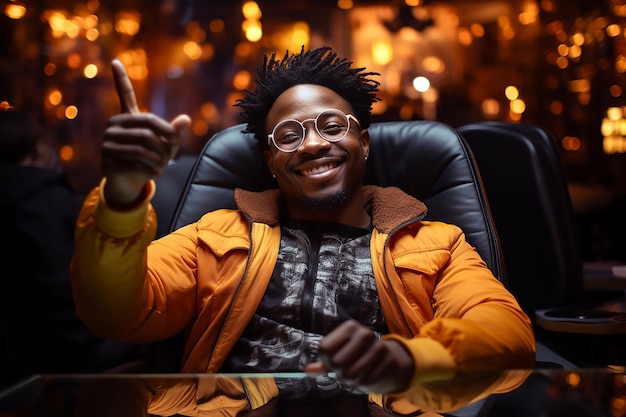 A man in an orange jacket is sitting in a black leather chair with a yellow jacket on.