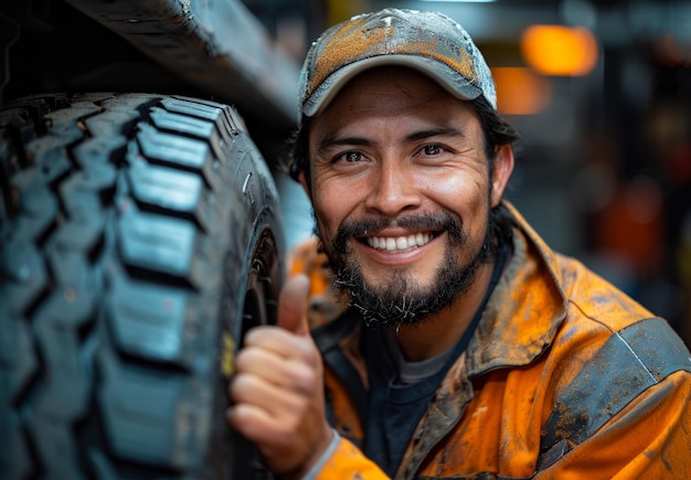 A man in an orange jacket is smiling and giving a thumbs up He is wearing a cap and he is a mechanic