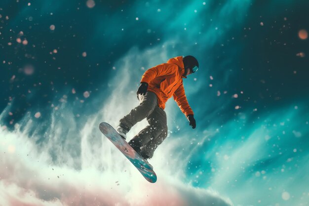 A man in an orange jacket is snowboarding in the snow.