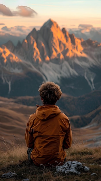 山のそばに座るオレンジ色のジャケットを着た男性