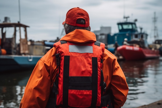 Man in Orange Jacket Standing Near Water International Rescue Team Concept