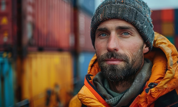 A man in an orange jacket stands in front of a container ship