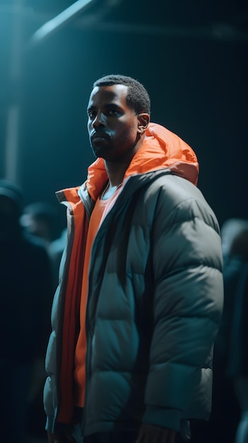 A man in an orange jacket stands in front of a crowd.