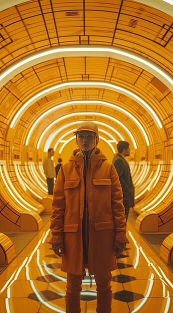 Photo a man in a orange jacket stands in a tunnel with lights on the ceiling.