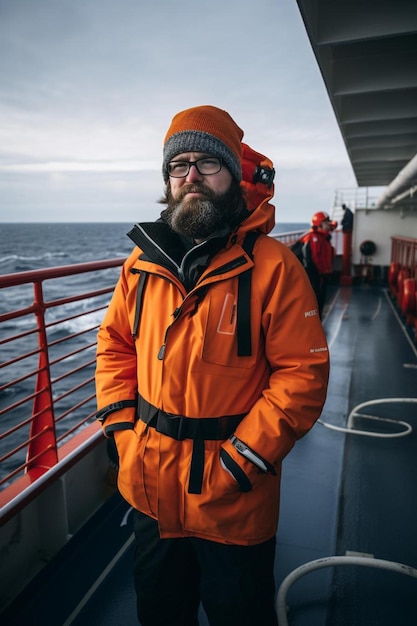 a man in an orange jacket with a beard and orange jacket on