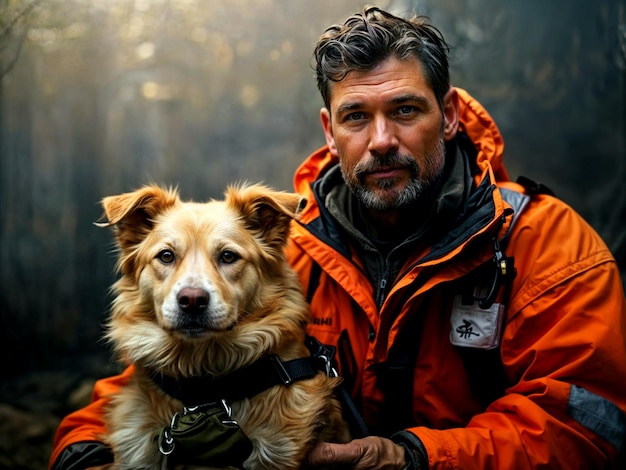 Photo a man in an orange jacket with a dog and a man in a orange jacket