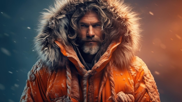 a man in an orange jacket with a fur hood