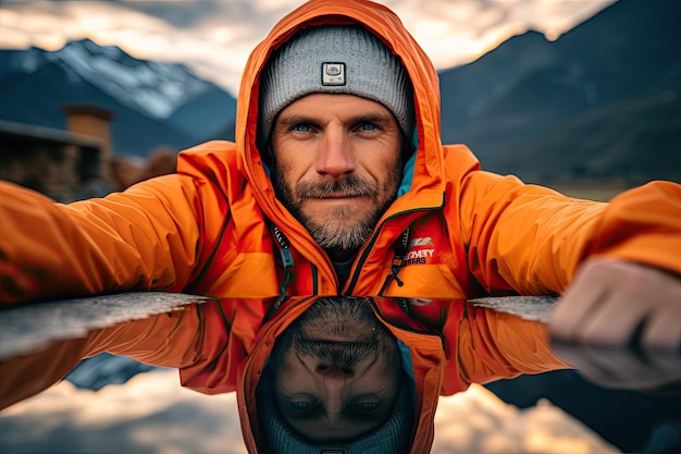 a man in an orange jacket with a hood that says " adidas " on it.