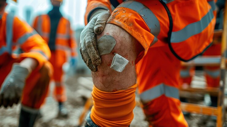 A man in an orange jumpsuit is holding his knee