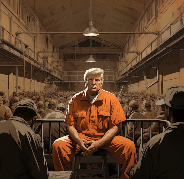 Photo a man in an orange jumpsuit sits in a crowded room