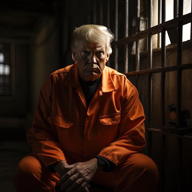 Photo a man in an orange jumpsuit sits in a dark room