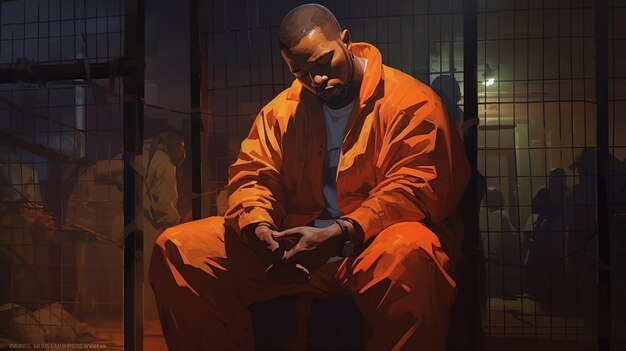 Photo a man in an orange jumpsuit sits in front of a cage