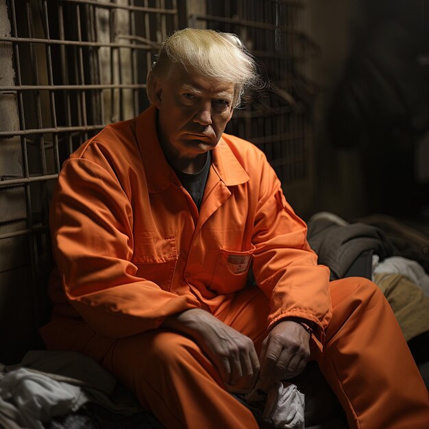 Photo a man in an orange jumpsuit sits in a pile of clothes