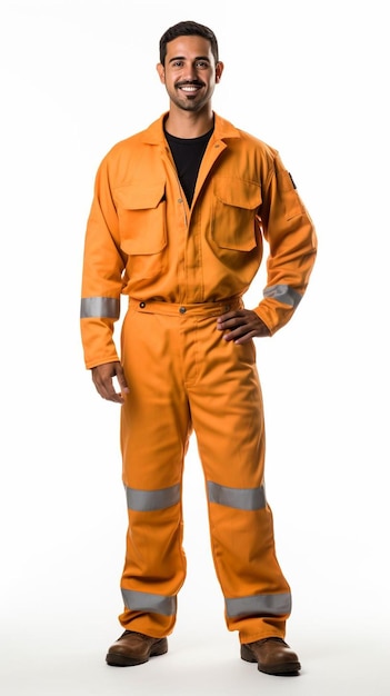 Photo a man in an orange jumpsuit stands in front of a white background