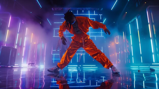 Man in Orange Outfit Dancing on Stage Generative AI