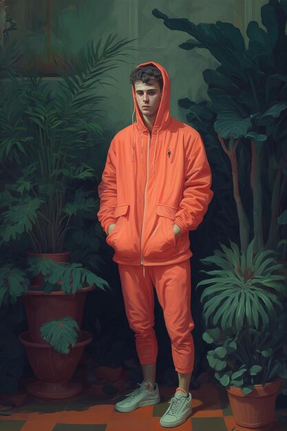 Photo a man in an orange outfit with a plant pot on the left