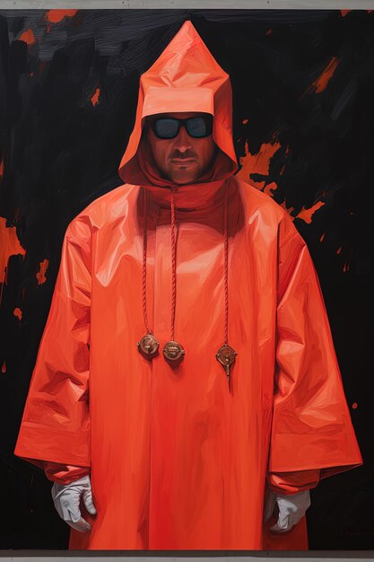 Photo a man in a orange raincoat and sunglasses stands in front of a black background