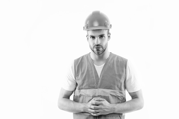 Man in orange reflective vest and helmet isolated on white background supervisor