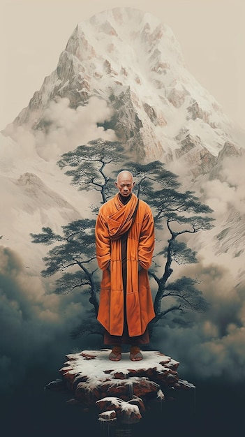 A man in a orange robe stands in front of a mountain.