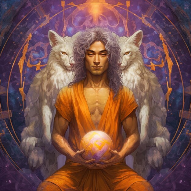 a man in an orange robe with two wolfs and a ball