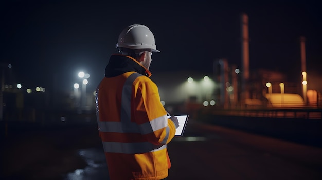 A man in an orange safety jacket stands in front of a factory at night.