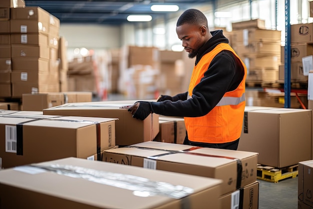 A man in an orange safety vest moving boxes in a warehouse