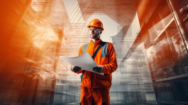 A man in orange safety vest wearing a helmet on a construction site in the style of double exposure modern and contemporary design